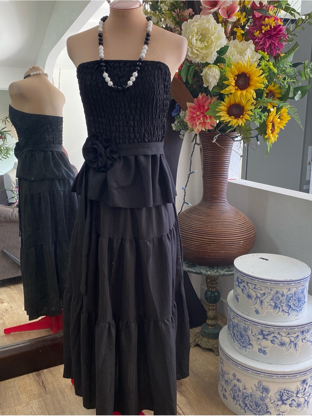 Strapless Black Tiered Peplum Dress with Floral Waist Accent